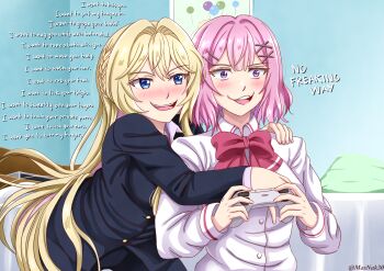 2girls amaori_renako artist_name bedroom blonde_hair blue_eyes blush braid controller english_text hair_ornament hairclip hand_on_another's_head highres holding holding_controller hug hug_from_behind indoors long_hair masnak30 medium_hair meme multiple_girls no_way_fag_(meme) ouzuka_mai parody pink_hair purple_eyes resident_evil resident_evil_4 scene_reference school_uniform smile watashi_ga_koibito_ni_nareru_wake_naijan_murimuri! yuri