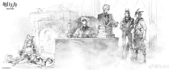 Rule 34 | 2girls, 4boys, animal ears, arknights, brother and sister, chester silverash (arknights), chinese commentary, cliffheart (arknights), commentary request, copyright logo, copyright name, courier (arknights), faux traditional media, fireplace, greyscale, highres, indoors, knitting, knitting needle, logo, long hair, matterhorn (arknights), monochrome, multiple boys, multiple girls, needle, pramanix (arknights), ruint, siblings, silverash (arknights), sisters, sitting, snow leopard ears, standing, uncle and nephew, uncle and niece, yarn, yarn ball