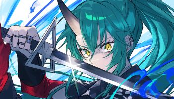 Rule 34 | 1girl, absurdres, arknights, black shirt, blue fire, detached sleeves, ear piercing, fire, glaring, green hair, high ponytail, highres, holding, holding sword, holding weapon, horns, hoshiguma (arknights), hoshiguma the breacher (arknights), looking at viewer, piercing, ponytail, red sleeves, shirt, sidelocks, simple background, single horn, solo, sword, upper body, v-shaped eyebrows, weapon, white background, yakota (usuk-yako), yellow eyes
