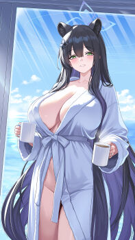 1girl animal_ears bathrobe black_hair blue_archive blue_halo breasts coffee_mug commentary_request cup extra_ears gradient_hair green_eyes hair_between_eyes hair_down hair_ornament halo highres holding holding_cup huge_breasts jamgom jewelry long_hair looking_at_viewer mug multicolored_hair naked_robe purple_hair ring robe shun_(blue_archive) sidelocks smile solo standing tiger_ears tiger_girl very_long_hair wedding_ring white_bathrobe window