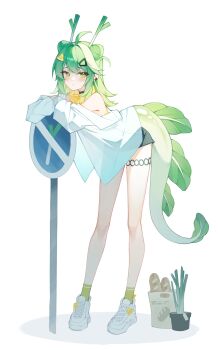 1girl absurdres artist_self-insert bag baguette barbell_piercing bare_legs bare_shoulders black_shorts bread closed_mouth collared_jacket commentary cone_hair_bun double_bun dragon_girl dragon_horns dragon_tail ear_piercing english_commentary expressionless eyelashes food full_body green_eyes green_socks grocery_bag hair_bun hair_ornament hairclip highres horns industrial_piercing jacket jewelry leaning_forward light_blush long_hair long_sleeves neggiee open_clothes open_jacket original paper_bag piercing plant potted_plant road_sign see-through_clothes see-through_jacket shadow shoes shopping_bag short_shorts shorts sign simple_background sleeveless sleeveless_sweater sneakers socks solo spring_onion standing sweater swept_bangs tail thigh_strap turtleneck turtleneck_sweater white_background white_jacket white_shoes yellow_sweater