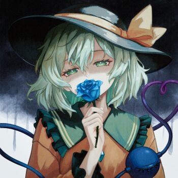 1girl black_hat blue_flower blue_rose bow chunjiu eyeball flower green_eyes green_hair hat hat_bow heart heart_of_string highres jacket komeiji_koishi looking_at_viewer medium_hair ookami_mio orange_jacket rose solo touhou upper_body yellow_bow