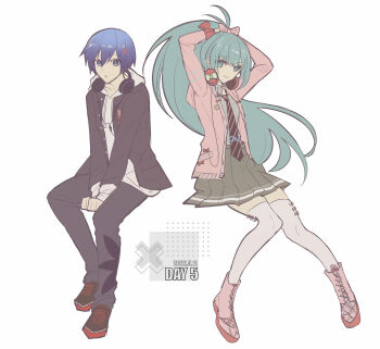 Rule 34 | 1boy, 1girl, arms up, blue eyes, boots, bow, cardigan, commentary request, dated, full body, hair bow, hair ornament, hairclip, hatsune miku, hatsune miku (ribbon girl), headphones, headphones around neck, highres, hood, hood down, hooded cardigan, hoodie, invisible chair, jacket, kaito (school uniform parka) (vocaloid), kaito (vocaloid), lace-up boots, libertyp, long hair, long sleeves, necktie, open cardigan, open clothes, parted lips, pleated skirt, ponytail, project diva (series), school uniform, short hair, sitting, skirt, striped clothes, striped necktie, thighhighs, tying hair, very long hair, vocaloid, wrist bow, x hair ornament