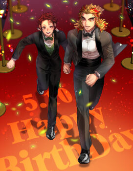 Rule 34 | 2boys, :d, alternate costume, black bow, black bowtie, black jacket, black pants, black shoes, black suit, blonde hair, blurry, blush, bow, bowtie, brown hair, collared shirt, colored tips, commentary request, confetti, contemporary, dated, dress shirt, earrings, english text, forked eyebrows, formal clothes, full body, green bow, green bowtie, green vest, hair slicked back, happy birthday, hashimoto (yanagi-momo), height difference, holding hands, jacket, jewelry, kamado tanjirou, kimetsu no yaiba, long hair, long sleeves, looking at another, male focus, multicolored hair, multiple boys, open clothes, open jacket, open mouth, pants, red eyes, red hair, rengoku kyoujurou, running, scar, scar on face, scar on forehead, shirt, shoes, short hair, smile, standing, streaked hair, suit, traditional bowtie, tuxedo, two-tone hair, vest, walking, white shirt, wing collar, yaoi, yellow eyes