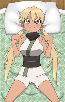 1girl asagao_(kunoichi_tsubaki_no_mune_no_uchi) bare_shoulders black_sash black_scarf blonde_hair breasts brown_eyes closed_mouth dark-skinned_female dark_skin double_v feet_out_of_frame female_focus grey_kimono grey_shorts hands_up head_on_pillow japanese_clothes kimono kunoichi_tsubaki_no_mune_no_uchi large_breasts long_hair looking_at_viewer low_twintails lying monosex on_back on_bed petite pillow sash scarf short_kimono shorts sleeveless sleeveless_kimono smile smug solo spread_legs straight-on twintails v w_arms