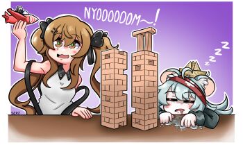 Rule 34 | 1girl, 9/11, :3, aged down, ahoge, aircraft, airplane, animal ears, artist name, bandana, bare shoulders, black ribbon, brown eyes, brown hair, closed eyes, collared shirt, commentary, drooling, english commentary, english text, g11 (fluffy dumptruck) (girls' frontline), g11 (girls' frontline), girls' frontline, green pupils, grey hair, hair between eyes, hair ornament, hair ribbon, hairclip, hand up, hands on table, highres, jenga, letterboxed, long hair, looking at object, looking up, meme, messy hair, mouse ears, mouth drool, open mouth, paper boat, purple background, red bandana, ribbon, saliva, saliva trail, serjatronic, shirt, sidelocks, sleeping, sleeveless, sleeveless shirt, smile, suspenders, table, text background, toy airplane, toy boat, twintails, twitter username, ump9 (girls' frontline), very long hair, zzz