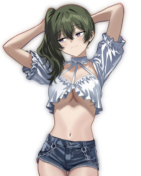 1girl absurdres arms_behind_head blue_shorts breasts cleavage closed_mouth clothing_cutout commentary commentary_request contemporary cowboy_shot crop_top dated_commentary denim denim_shorts double-parted_bangs english_commentary facing_viewer frilled_shirt frills green_hair hair_between_eyes hair_over_shoulder hands_up highres jmx_(j_m_x) large_breasts light_blush light_smile long_bangs long_hair micro_shorts mixed-language_commentary navel purple_eyes shirt short_sleeves shorts side_ponytail sideways_glance simple_background solo sousou_no_frieren standing stomach ubel_(sousou_no_frieren) underboob wallet_chain white_background white_shirt