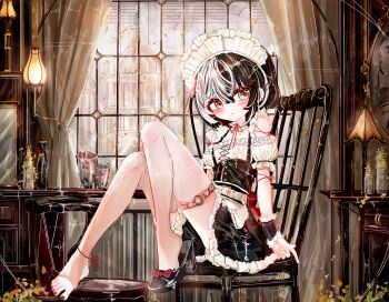 Rule 34 | 1girl, a1u, absurdres, barefoot, black dress, black hair, blush, breasts, chair, closed mouth, commentary, detached sleeves, dress, heterochromia, high heels, highres, indoors, maid, maid headdress, multicolored hair, nail polish, on chair, original, puffy short sleeves, puffy sleeves, red eyes, red nails, revision, shoes, short sleeves, single shoe, sitting, small breasts, solo, split-color hair, stirrup legwear, thighhighs, toeless legwear, toenail polish, toenails, toes, white hair, white thighhighs
