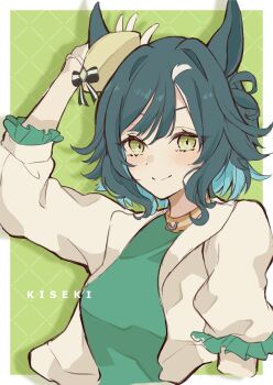 1girl animal_ears black_bow blush bow breasts closed_mouth commentary_request cropped_torso ears_through_headwear green_eyes green_hair green_shirt hair_between_eyes hat hat_bow highres horse_ears horse_girl jacket kiseki_(umamusume) looking_at_viewer open_clothes open_jacket ri_cochet shirt short_hair smile solo umamusume white_jacket