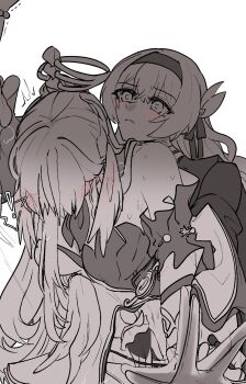 2girls against_mirror bare_shoulders blush bridal_gauntlets choikfu closed_mouth detached_sleeves embarrassed firefly_(honkai:_star_rail) gloves hair_ornament hairband halo head_wings highres honkai:_star_rail honkai_(series) implied_fingering jacket long_hair long_sleeves looking_at_another monochrome multiple_girls robin_(honkai:_star_rail) short_sleeves simple_background white_background wings yuri