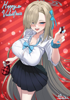 Rule 34 | 1girl, absurdres, asuna (blue archive), asuna (school uniform) (blue archive), black skirt, blonde hair, blue archive, blue bow, blue bowtie, blue eyes, blue halo, blush, bow, bowtie, breasts, chocolate, cleavage, collarbone, eyes visible through hair, food, hair over one eye, hair ribbon, halo, highres, holding, holding chocolate, holding food, incoming food, large breasts, long hair, looking at viewer, mole, mole on breast, open mouth, pleated skirt, ribbon, scrunchie, shirt, skirt, sleeves rolled up, smile, solo, thighs, valentine, very long hair, watchimen, white shirt, wrist scrunchie