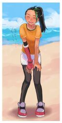 Rule 34 | 1girl, :d, adapted costume, beach, black hair, blush, closed eyes, commentary request, creatures (company), day, fingerless gloves, freckles, game freak, gloves, highres, leaning forward, multicolored hair, nemona (pokemon), nintendo, open mouth, orange shirt, outdoors, pantyhose, penguinbu, pokemon, pokemon sv, ponytail, sand, shirt, shoes, shore, short sleeves, shorts, single glove, sky, smile, solo, standing, sweat, teeth, two-tone hair, upper teeth only, water, white shorts