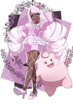 Rule 34 | 1girl, absurdres, blush, clefable, commentary request, dark-skinned female, dark skin, dress, fishnet pantyhose, fishnets, flower, gen 1 pokemon, gloves, happy, highres, jacinthe (pokemon), long hair, nintendo, open mouth, pantyhose, pokemon, pokemon (creature), pokemon legends: z-a, purple dress, purple eyes, rono (lethys), smile, standing, teeth, upper teeth only, white gloves