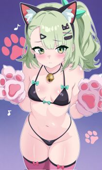 1girl :c animal_ear_hairband animal_ears animal_hands aqua_bow asymmetrical_bangs bare_shoulders bell bikini black_bikini blush bow bow_bikini bow_legwear breasts cat_ear_hairband cat_ears cat_hair_ornament closed_mouth commission corrupted_twitter_file cowboy_shot earrings embarrassed fake_animal_ears frown gloves gradient_background green_eyes green_hair groin hair_ornament hairband hairclip hands_up highres jewelry jingle_bell loli long_hair looking_at_viewer micro_bikini musical_note musical_note_earrings navel neck_bell necklace outline paw_gloves pink_bow pink_gloves pink_thighhighs ponytail purple_background small_breasts split_mouth stomach sunna_(zenless_zone_zero) swimsuit teit_talon thigh_gap thighhighs thighs white_outline x_hair_ornament zenless_zone_zero zettai_ryouiki