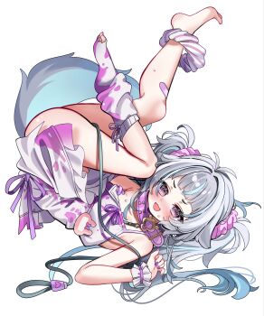 1girl :3 @_@ animal_ears ankle_scrunchie antenna_hair armpit_crease ass bandaid bandaid_on_leg bandaids_on_nipples blue_hair blue_streaks blunt_bangs blush breasts cat_ears cat_tail chocola_vt collar commentary dress ears_down english_commentary frilled_wrist_cuffs frills furrowed_brow grey_hair hair_intakes highres indie_virtual_youtuber leash leg_warmers legs_up long_hair lying menace_mamaki menace_mamaki_(menako) messy_hair mole mole_on_chest multicolored_hair name_tag official_alternate_costume official_alternate_hairstyle on_back open_mouth paint_splatter panties panties_around_leg pasties paw_print pink_collar purple_collar purple_eyes purple_nails purple_ribbon purple_scrunchie ribbon scrunchie shirt_partially_removed simple_background single_bare_foot single_leg_warmer single_loose_sock small_breasts solo spaghetti_strap spiral-only_eyes strap_slip streaked_hair sweatdrop tail twintails underwear upside-down virtual_youtuber white_background white_dress white_leg_warmers wrist_cuffs