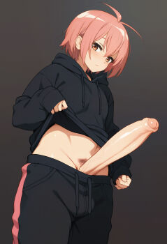 1futa antenna_hair black_hoodie black_pants breasts cowboy_shot drawstring erection female_pubic_hair foreskin futanari gradient_background highres hood hoodie large_penis lifting_own_clothes long_sleeves midriff_peek orange_eyes original pants penis penis_out pink_hair pubic_hair short_hair sleeves_past_wrists small_breasts solo uncensored zoryc