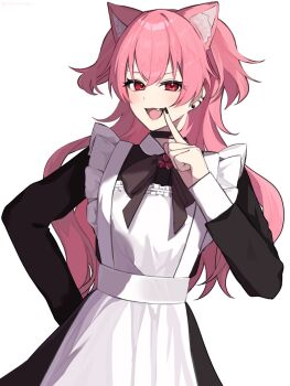 1girl :d alternate_costume animal_ear_fluff animal_ears apron black_bow black_bowtie black_choker black_dress black_nails blush bow bowtie cat_ears choker clover_brooch collared_dress commentary cowboy_shot crossed_bangs dot_nose dress ear_piercing enmaided fang finger_to_mouth frilled_apron frills hand_on_own_hip hand_up highres long_hair long_sleeves looking_at_viewer maid maid_apron momoi_airi nail_polish open_mouth piercing pink_hair project_sekai red_eyes sidelocks simple_background smile solo tsukemononingen two_side_up white_apron white_background