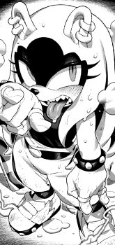 Rule 34 | 1girl, animal ears, animal nose, belt, bracelet, dripping, earrings, electricity, electrokinesis, eyelashes, gloves, hair down, highres, ireading, jewelry, long hair, monochrome, pants, ring, sharp teeth, shoes, sonic (series), sonic the hedgehog (idw), studded bracelet, surge the tenrec, tank top, teeth, tenrec girl, tongue, tongue out, wet