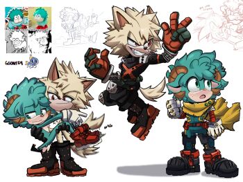2boys 3boys :o artist_name bakudeku bakugou_katsuki blonde_fur blonde_hair blush boku_no_hero_academia bones_(company) boots cape carrying carrying_person curly_hair dog embarrassed fang fangs freckles furry gloves green_eyes green_fur green_hair green_wool gsony24 hedgehog highres horns messy_hair midoriya_izuku multiple_boys red_eyes sega sheep sheep_horns shoes shounen_jump smile socks sonic_(series) sonic_the_hedgehog spiked_hair superhero_costume tail v wavy_mouth wavy_smile wool yaoi yellow_cape