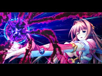 Rule 34 | 1girl, ;o, ahoge, angel tear, antenna hair, blue eyes, breasts, bridal gauntlets, brown hair, cleavage, detached sleeves, dress, energy, energy ball, game cg, hair between eyes, hair intakes, hair ornament, large breasts, large variant set, letterboxed, long hair, magic, magical girl, maishima yuri, nerawareta megami tenshi angel tear, non-web source, official art, one eye closed, open mouth, outstretched arm, pink dress, pink sleeves, solo, torn clothes, torn sleeves, tsukumo kazuita, underboob, upper body, variant set, very long hair, weapon, wince