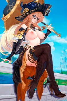 1girl absurdres bare_shoulders bird black-framed_eyewear black_hat black_sleeves blonde_hair blue_eyes boots breasts cloud crossed_legs dress drill_hair drill_sidelocks flower from_below functionally_nude genshin_impact glasses gloves hat hat_flower highres holding holding_umbrella jewelry knee_boots large_breasts long_hair looking_at_viewer navia_(genshin_impact) nipples on_railing outdoors pinky_out pruzinix railing river shade sidelocks sitting smile smirk solo spread_fingers topless_female tree umbrella very_long_hair