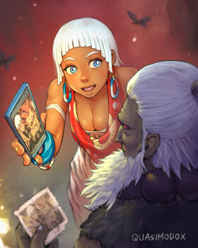 1boy 1girl akuma_(street_fighter) artist_name beard blue_eyes breasts cleavage commentary dark-skinned_female dark_skin elena_(street_fighter) english_commentary facial_hair bad_tag highres holding holding_phone holding_photo large_breasts looking_at_phone medium_hair open_mouth phone photo_(object) pointy_ears quasimodox red_eyes smile street_fighter street_fighter_6 white_hair