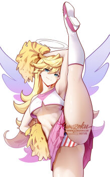 1girl alternate_costume blonde_hair blue_eyes breasts cheerleader closed_mouth commentary english_commentary hair_between_eyes highres holding holding_pom_poms hot_vr long_hair looking_at_viewer medium_breasts midriff navel panties panty_&amp;_stocking_with_garterbelt panty_(psg) pink_skirt pom_pom_(cheerleading) pom_poms simple_background skirt smile solo split standing standing_on_one_leg standing_split striped_clothes striped_panties subscribestar_username thighhighs underboob underwear watermark white_background white_thighhighs