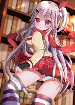 1girl :< absurdres annzu129 black_gloves bookshelf cameltoe clenched_hand closed_mouth clothes_lift commentary_request cowboy_shot eyelashes eyes_visible_through_hair fingerless_gloves floating_scarf fringe_trim from_behind frown furrowed_brow gloves grey_hair hair_between_eyes hair_ornament hair_ribbon hairclip hanasaki_work_spring highres indoors jacket ladder lens_flare library light_particles long_hair long_scarf long_sleeves looking_at_viewer looking_back miniskirt multicolored_ribbon one_side_up panties pantyshot pink_eyes plaid_clothes plaid_skirt pleated_skirt red_scarf red_skirt ribbon scarf school_uniform shiny_skin shiranui_inori skindentation skirt skirt_lift solo striped_clothes striped_thighhighs thighhighs underwear very_long_hair white_panties yellow_jacket