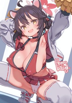 1girl ahoge alternate_costume animal_ears armpits artist_name black_hair blue_archive breasts cameltoe cheerleader cleavage commentary_request covered_erect_nipples cropped_jacket extra_ears hair_bun halo highres holding holding_pom_poms huge_breasts jacket kaede_(blue_archive) looking_at_viewer miniskirt open_clothes open_jacket open_mouth paid_reward_available panties partial_commentary pleated_skirt pom_pom_(cheerleading) pom_poms puddinghomhom raccoon_ears raccoon_girl red_halo red_shoes red_skirt red_sports_bra ribbon-trimmed_thighhighs ribbon_trim shoes short_hair signature skirt sneakers solo sports_bra spread_legs squatting thighhighs underwear white_jacket white_panties white_thighhighs yellow_eyes