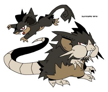 alolan_form alolan_raticate alolan_rattata artist_name brown_fur buck_teeth evolutionary_line gen_7_pokemon kurosame_haiki mouse_(animal) nintendo no_humans open_mouth pokemon pokemon_(creature) red_eyes simple_background tail teeth white_background
