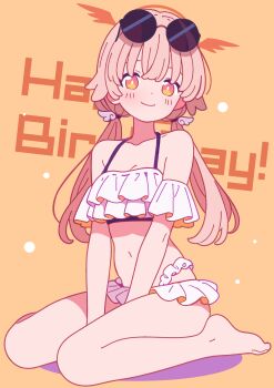Rule 34 | 1girl, barefoot, between legs, bikini, blue archive, eyewear on head, frilled bikini, frills, full body, hair ornament, halo, hand between legs, happy birthday, hifumi (blue archive), hifumi (swimsuit) (blue archive), highres, looking at viewer, low twintails, off-shoulder bikini, off shoulder, official alternate costume, otomii, ribbon-trimmed bikini, ribbon-trimmed swimsuit, ribbon trim, round eyewear, ruffle bikini, smile, solo, sunglasses, swimsuit, twintails, white bikini, wing hair ornament, winged halo, yellow halo