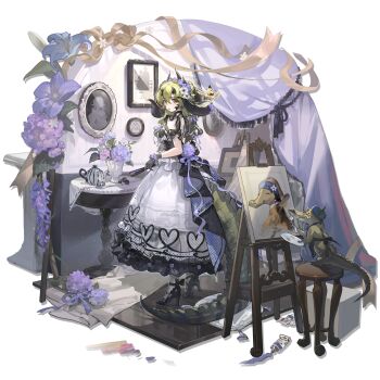 1girl apron arknights back back_ribbon bad_tag beret black_apron black_bow black_dress black_gloves black_shoes blue_headband blush bow braid breasts bun_with_braided_base canvas_(object) crocodile crocodile_girl crocodilian crocodilian_tail cup curtains curved_horns dress english_text estelle_(arknights) estelle_(la_valse_couronnee_de_fleurs)_(arknights) flower food footwear_bow frilled_dress frilled_skirt frilled_wristband frills fruit full_body gem girl_with_a_pearl_earring glasses glint gloves gothic_lolita grapes green_hair green_tail hair_between_eyes hair_flower hair_ornament hair_ribbon halter_dress halterneck hand_fan hat head_wreath headband heart helmet high_heels highres holding holding_brush holding_fan holding_paint_palette horns huge_horns lace lace_gloves lolita_fashion long_hair looking_at_viewer looking_to_the_side medium_breasts multiple_horns official_alternate_costume official_art open_mouth paint_palette paint_tube painting_(action) painting_(object) pantyhose pearl_(gemstone) pillow purple_flower purple_ribbon ribbon see-through_clothes see-through_skirt shoes shui_di_yu_bu_lei_shao skirt sleeveless sleeveless_dress solo standing steam table tail teacup teapot third-party_source transparent_background vase wavy_hair white_flower white_pantyhose white_skirt wooden_stool wooden_table yellow_eyes