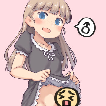 1boy :d aaaa_(quad-a) black_dress blue_eyes brown_hair censored clothes_lift commentary_request crossdressing crossdressing_(mtf) dress dress_lift emoji emoji_censor groin highres lifting_own_clothes long_hair looking_at_viewer male_focus mars_symbol novelty_censor open_mouth original out-of-frame_censoring paid_reward_available pink_background puffy_short_sleeves puffy_sleeves short_sleeves shota simple_background smile solo speech_bubble spoken_mars_symbol trap