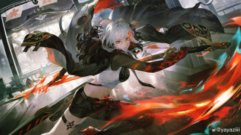 1girl absurdres alpha:_crimson_weave_(tsubaki)_(pgr) alpha_(pgr) alternate_costume asymmetrical_legwear breasts chinese_commentary chinese_text coat coat_on_shoulders commentary_request cropped_shirt fighting_stance fire fur-trimmed_coat fur_trim hair_between_eyes heterochromia highres legband looking_at_viewer medium_breasts official_alternate_costume official_art punishing:_gray_raven red_eyes simplified_chinese_text solo stomach_tattoo sword tattoo watermark weapon weibo_watermark white_hair yayaziiii yellow_eyes