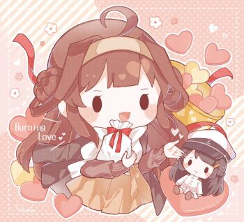 Rule 34 | 2girls, :>, ahoge, black hair, black jacket, blush, brown hair, burning love (phrase), chibi, double bun, english text, female admiral (kancolle), gift, gift bag, hair bun, hair ornament, hairband, hairclip, hat, heart, highres, holding, holding gift, jacket, jacket on shoulders, kantai collection, kongou (kancolle), long hair, long sleeves, military, military uniform, multiple girls, nada namie, open mouth, red ribbon, ribbon, skirt, smile, white headwear