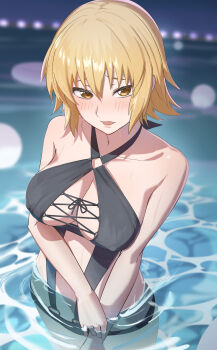 1girl :d absurdres blonde_hair breasts cagalli_yula_athha cleavage commentary_request gundam gundam_seed gundam_seed_freedom halterneck hamigaki_(hikaruyusi) highres large_breasts looking_at_viewer lower_teeth_only monokini open_mouth partially_submerged short_hair smile solo standing stomach swimsuit teeth tongue water yellow_eyes