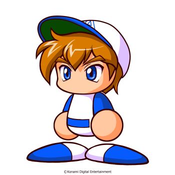 Rule 34 | 1boy, artist request, baseball cap, baseball uniform, blue eyes, blue hat, blue shirt, blue shoes, brown hair, copyright notice, hat, highres, ikari mamoru, jikkyou powerful pro yakyuu, jikkyou powerful pro yakyuu (style), male focus, multicolored hat, multicolored shirt, multicolored shoes, no mouth, official art, rayman limbs, shirt, shoes, short hair, solo, sportswear, thick eyebrows, two-tone shoes, white hat, white shirt, white shoes