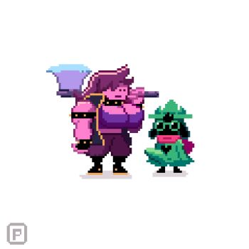 1boy 1girl axe black_skin breasts bulge colored_skin deltarune erection erection_under_clothes furry furry_male furry_with_non-furry glasses highres holding holding_axe holding_weapon huge_breasts huge_penis interspecies long_hair looking_at_viewer muscular muscular_arms muscular_female penis pink_skin pixel_art pixzapix purple_hair ralsei simple_background susie_(deltarune) utdr_(toby_fox) weapon white_background