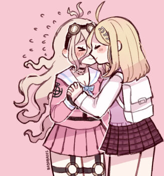 Rule 34 | > <, 2girls, ahoge, akamatsu kaede, antenna hair, backpack, bag, barbed wire, bayabasss, black choker, black gloves, blonde hair, blue bow, blush, blush stickers, bow, breasts, choker, cleavage, closed eyes, closed mouth, collared shirt, commentary, danganronpa (series), danganronpa v3: killing harmony, english commentary, fingerless gloves, flying sweatdrops, fortissimo, gloves, goggles, goggles on head, hair between eyes, hair ornament, holding hands, iruma miu, long hair, long sleeves, multiple girls, musical note, musical note hair ornament, pink background, pink serafuku, pink shirt, pink skirt, pink vest, red skirt, sailor collar, school uniform, serafuku, shirt, simple background, skirt, smile, vest, wavy mouth, white bag, white sailor collar, white shirt, yuri