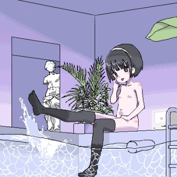 1girl akanbe black_eyes black_hair black_thighhighs blush breasts caustics closed_mouth commentary_request computer doorway eyelid_pull fern frown full_body hairband hand_up indoors kicking lokulo_no_mawashimono loli looking_at_viewer lowres macintosh_128k navel no_nipples no_shoes nude original plant planter pool pool_ladder short_hair sitting small_breasts soaking_feet solo splashing statue thighhighs tongue tongue_out venus_de_milo water white_hairband