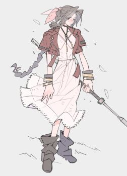 1girl aerith_gainsborough boots braid braided_ponytail brown_boots brown_hair buttons choker cropped_jacket dress final_fantasy final_fantasy_vii final_fantasy_vii_remake flower_choker gold_bangle grey_background hair_ribbon highres holding holding_staff jacket long_dress long_hair mmmckayyy parted_bangs pink_dress pink_ribbon red_jacket ribbon short_sleeves sidelocks silver_bangle single_braid solo staff standing