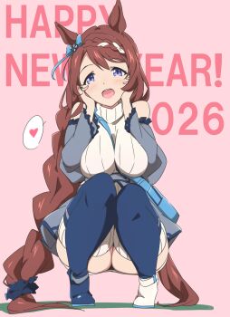 2026 :d animal_ears asymmetrical_footwear black_thighhighs blue_bow blue_shoes blush bow breasts brown_hair commentary_request ear_bow happy_new_year highres horse_ears horse_girl horse_tail large_breasts long_hair looking_at_viewer mismatched_footwear multicolored_hair new_year open_mouth pink_background shoes simple_background smile squatting streaked_hair super_creek_(umamusume) sweater tail thighhighs umamusume umanosuke white_hair white_shoes white_sweater
