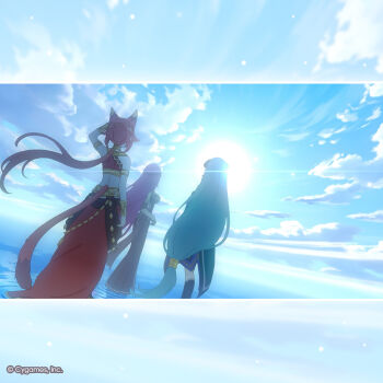 3girls aira_(princess_connect!) album_cover animal_ears arm_up bare_shoulders blue_eyes blue_sky breasts cat_ears cat_girl cat_tail cloud commentary_request company_name copyright_notice cover cygames eris_(princess_connect!) from_behind highres logo long_hair looking_at_another multiple_girls official_art princess_connect! purple_hair red_hair reflection reflective_liquid second-party_source shinatsu_(princess_connect!) sky standing sun tail