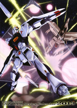 2013 absurdres alpha_azieru beam_cannon beam_rifle calendar_(medium) char's_counterattack dated earth_federation energy_field energy_gun funnels_(gundam) gundam highres magazine_scan mecha mecha_focus mobile_armor mobile_suit moroishi_kouta nebula neo_zeon no_humans nu_gundam robot roundel scan scene_reference science_fiction shield space star_(sky) thrusters traditional_media v-fin weapon zero_gravity