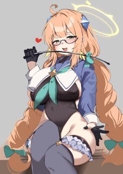 1girl absurdres ahoge aqua_bow aqua_eyes aqua_neckerchief black-framed_eyewear black_leotard blue_archive blue_shrug blush bow braid breasts commentary_request fang feather_hair feathers gloves grey_background grey_thighhighs hair_bow half_gloves halo highres holding holding_riding_crop horin large_breasts leotard long_hair looking_at_viewer low_twin_braids neckerchief official_alternate_costume official_alternate_hairstyle open_mouth orange_hair purple_shrug riding_crop semi-rimless_eyewear shimiko_(blue_archive) shimiko_(magical)_(blue_archive) shrug_(clothing) simple_background skin_fang smile solo super_highleg thick_thighs thighhighs thighs twin_braids yellow_feathers yellow_halo