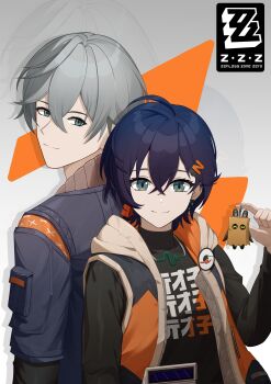 1boy 1girl absurdres back-to-back bagboo_(zenless_zone_zero) belle_(zenless_zone_zero) black_shirt blue_hair brother_and_sister character_charm charm_(object) closed_mouth clothes_writing commentary_request denim denim_jacket earrings green_eyes grey_hair hair_between_eyes hair_ornament hh_long highres hood hoodie jacket jewelry letter_hair_ornament logo orange_hoodie shirt siblings smile upper_body wise_(zenless_zone_zero) zenless_zone_zero