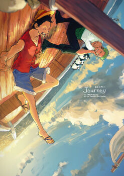 Rule 34 | 2boys, absurdres, bandana, bandana around arm, bird, black bandana, black boots, black eyes, black hair, black pants, blue shorts, blue sky, boat, boots, closed eyes, commentary request, english text, facial scar, flip-flops, full body, green hair, happy, haramaki, hat, highres, lying, male focus, monkey d. luffy, multiple boys, on back, one piece, outdoors, pants, plytometo, roronoa zoro, sailing, sandals, scar, scar on cheek, scar on face, shirt, short hair, shorts, sideburns, sitting, sky, straw hat, tight clothes, tight shirt, upside-down, watercraft, white shirt