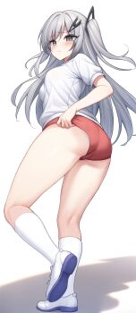 1girl absurdres adjusting_buruma adjusting_clothes allial_(coefont) alternate_costume ass blush buruma closed_mouth coefont commentary_request commission eyes_visible_through_hair floating_hair from_behind frown full_body ghost_villager grey_eyes grey_hair gym_uniform hair_between_eyes hair_intakes hair_ornament highres kneehighs kneepits legs long_hair looking_at_viewer one_side_up panties panties_under_buruma partial_commentary pixiv_commission red_buruma shadow shirt shoe_soles shoes short_sleeves sidelocks simple_background socks solo standing standing_on_one_leg thighs triangle_hair_ornament tsurime underwear very_long_hair white_background white_panties white_shirt white_shoes white_socks