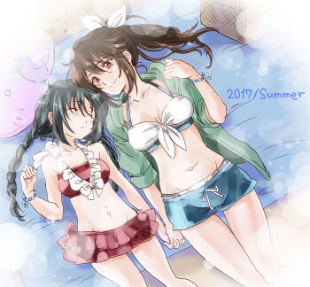 Rule 34 | 2girls, alternate hairstyle, bare shoulders, beach, bikini, black hair, bracelet, braid, brown eyes, brown hair, closed eyes, frills, front-tie top, hair ribbon, holding hands, hood, hood down, hooded jacket, hoodie, jacket, jewelry, long hair, lying, minashiro orihime, multiple girls, navel, on back, picnic basket, ponytail, ribbon, shorts, sleeping, sleeves rolled up, smile, soukyuu no fafner, swimsuit, tatekami seri, towel, twin braids, yurariyurari