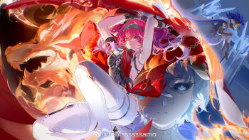 2girls armlet armor arms_up bodysuit boots breastplate breasts character_request chinese_commentary closed_mouth commentary_request duplicate hair_between_eyes hair_ornament hairband highres holding holding_polearm holding_weapon jewelry long_hair lupa_(wuthering_waves) medium_breasts metal_hairband multiple_girls pink_hair polearm red_sash samo_(shichun_samo) sash tacet_mark_(wuthering_waves) thigh_boots two-handed watermark weapon weibo_watermark white_bodysuit white_boots wolf wrist_guards wuthering_waves yellow_eyes